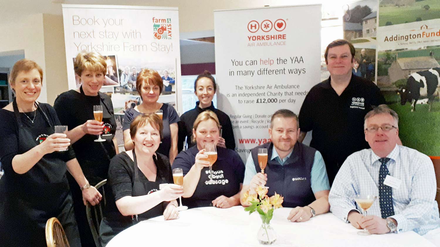 Bring on the Big Breakfasts! Pictured at St George’s Court are, standing from left, Julie Houseman, of The Old Calf Shed B&B, Prospect House Farm, Lindley, Otley, Liz Gudgeon, Crown Cottage Farm B&B, Embsay, Skipton, and the Yorkshire Air Ambulance’s North Yorkshire Community Fundraiser Olivia Mulligan and volunteer Alan Broadfoot. Seated, from left, are Christine Ryder, of Scaife Hall Farm B&B, Blubberhouses, also a trustee of the Addington Fund, host Lindsey Hitchen, Ian Robson, Barclays’ regional agricultural manager and the bank’s regional agricultural director John Pinches