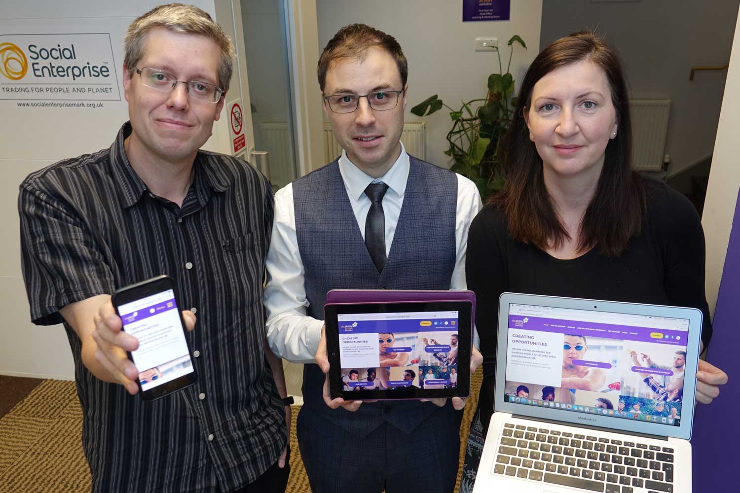 Disability Action Yorkshire Operations Manager David Ashton-Jones, centre, with HMA’s Emma Casimir and Richard Strickland