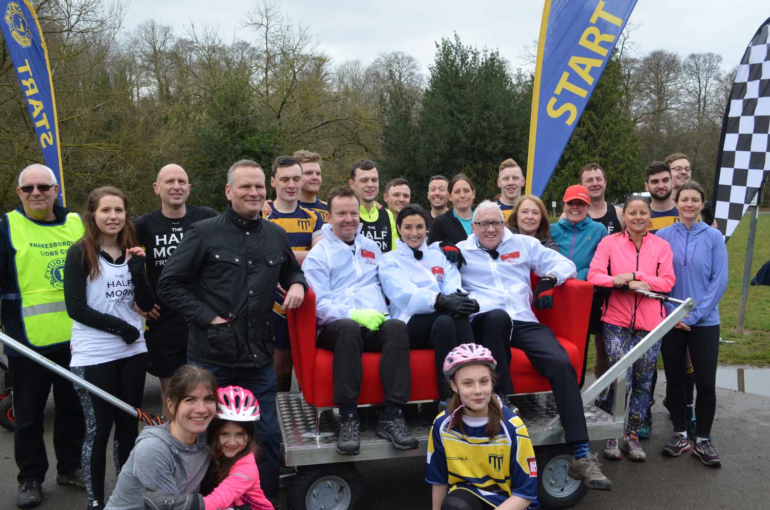 The BBC Look North sofa, prepared for an eight-day charity push around Yorkshire, started off with a fitness test against three of the teams entered for the 2018 Great Knaresborough Bed Race. The sofa, pushed by BBC presenters Harry Gration, Amy Garcia and Paul Hudson, took part in time and fitness trials against the beds on Wednesday 13 March at Conyngham Hall, start and finish venue of the great Knaresborough event.