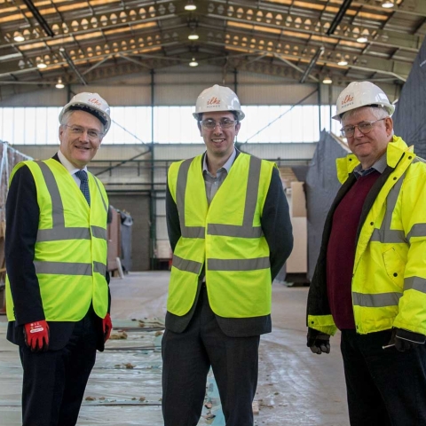 Andrew Jones MP with Nigel Banks and Steve Murphy of ilke Homes Harrogate and Knaresborough MP enjoyed tour of ilke Homes’ new 25,000m2 factory ahead of launch this spring ilke Homes set to become a major local employer, creating 800 roles in Flaxby over the next two to three years