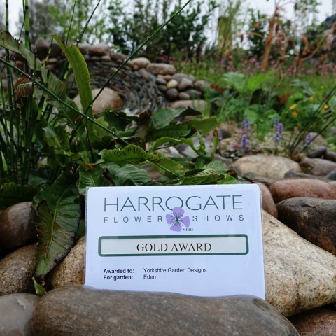 Local Garden designer, Lorna Batchelor and Stone Mason/ sculptor, Johnny Clasper have collaborated on a garden design to win a Gold Award at the Spring Flower Show in Harrogate - 27 April 2018.