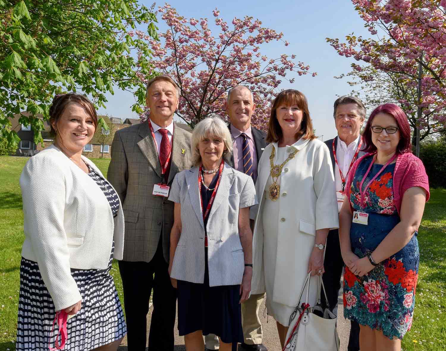 Principal Angela North, left, and Director of Fundraising Fiona Ashcroft, right, welcome the visitors, from left, the Lord Lieutenant Barry Dodd, Frances Dodd, Chief Executive Nick Marr, Mayor of the Borough of Harrogate Anne Jones and Steve Jones