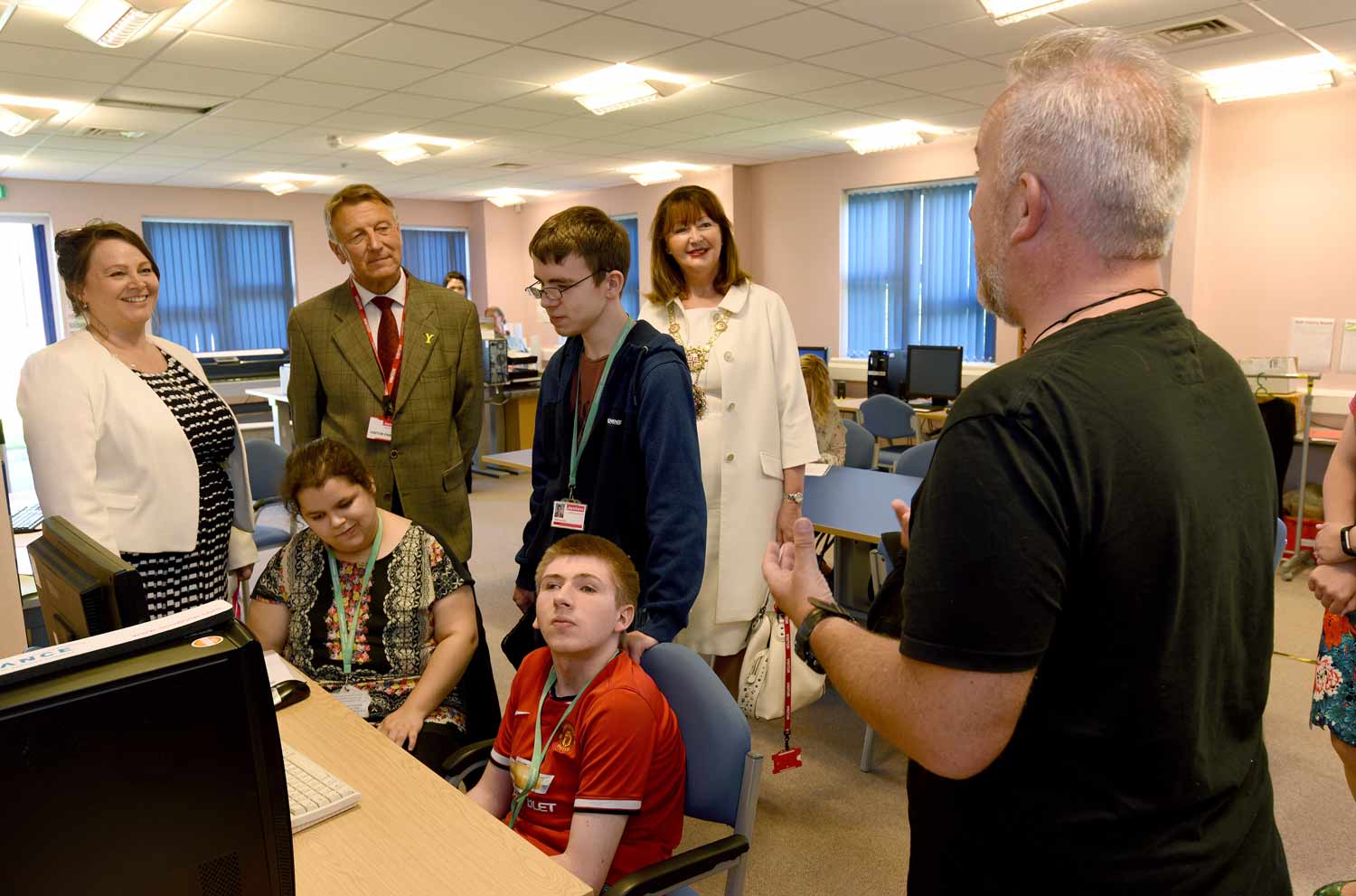 Watching a lesson with Work Experience Co-ordinator Lee Gray, right, are Principal Angela North, the Lord Lieutenant Barry Dodd and the Mayor of the Borough of Harrogate, Coun Anne Jones with students Marnie Lane, Matthew Glass and Thomas Arrol