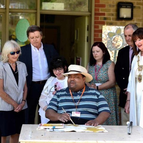 The party watch Art Maker Nat Maynard at work at the Arts & Crafts Centre. From left, Barry Dodd, Frances Dodd, Steve Jones, Hannah Reda, Maria Dawbarn, Nick Marr, Anne Jones
