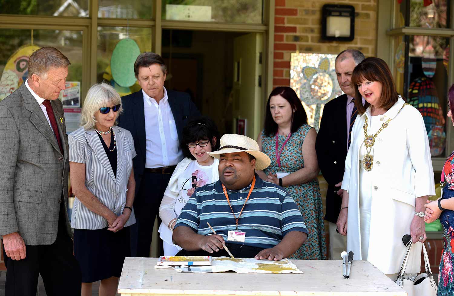 The party watch Art Maker Nat Maynard at work at the Arts & Crafts Centre. From left, Barry Dodd, Frances Dodd, Steve Jones, Hannah Reda, Maria Dawbarn, Nick Marr, Anne Jones