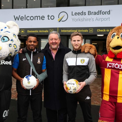 David Laws, CEO at Leeds Bradford Airport launches the partnership with Tyrell Robinson (Bradford City FC) and Eunan O’Kane (Leeds United FC).