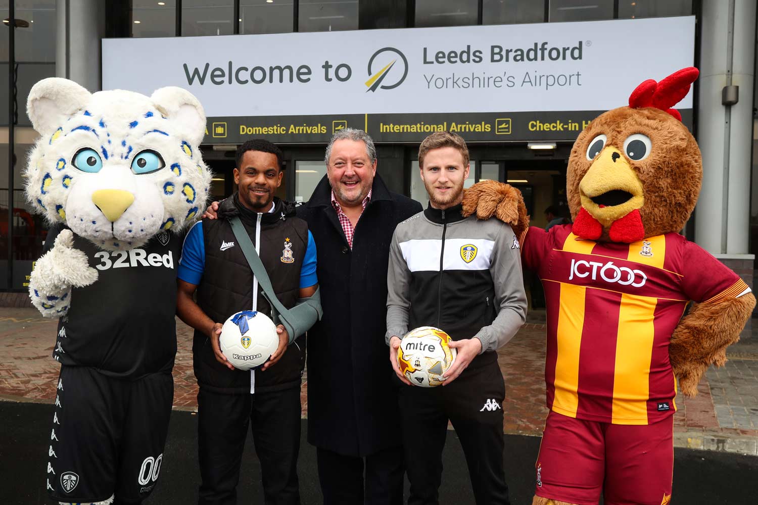 David Laws, CEO at Leeds Bradford Airport launches the partnership with Tyrell Robinson (Bradford City FC) and Eunan O’Kane (Leeds United FC).
