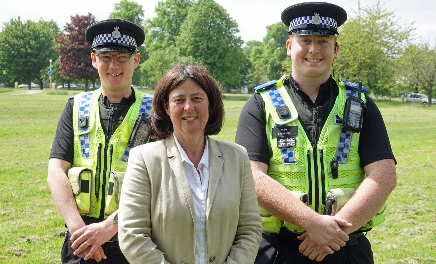 PCSO John Jakes, Julia Mulligan, Police and Crime Commissioner and PCSO Will Champion