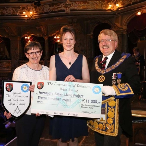 £11k HELPing hand! David S Pratt, the Provincial Grand Master of the Province of Yorkshire West Riding with Frances Elliot (right) Head of Practical Support Services, overseeing all the HELP projects; and Karen Weaver, Chief Executive Officer of  Harrogate and Ripon Centres for Voluntary Service