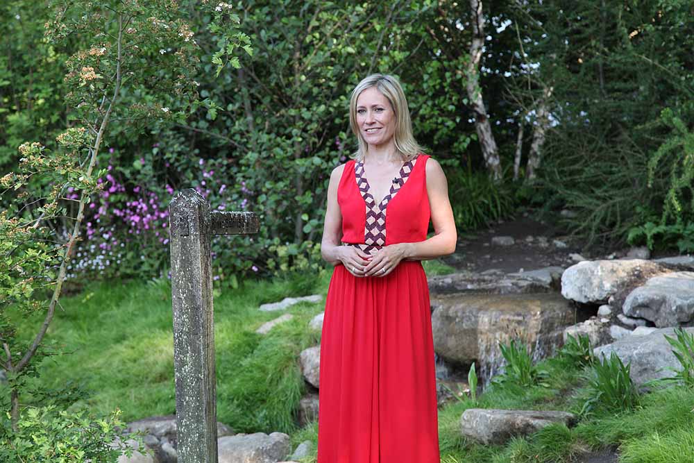 Sophie Raworth on the Welcome to Yorkshire garden at Chelsea Flower Show 2018, designed by Mark Gregory for Landformconsultants.co.uk