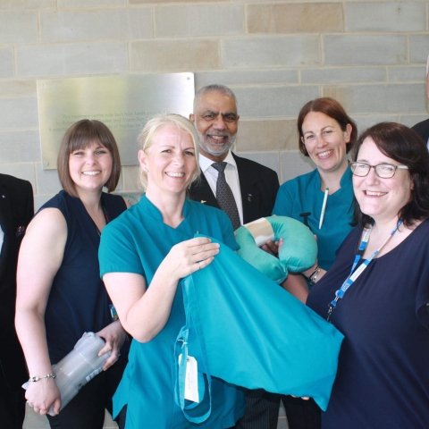 Bags of Support! Pictured from left are Michael Baxter, (Harrogate & Claro Freemasons; Laura Milburn, Lead Cancer Manager; Charlotte Rock; Palliative Care Team Leader; Satokh Sidu, Master of Harrogate & Claro Masonic Lodge; Sarah David, Clinical Nurse Specialist; John Birkenshaw, Charity Steward, Harrogate & Claro Lodge; and Beverley Harrison, Harrogate Hospital & Community Charity Administrator
