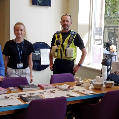 Police Community Support Officer Julian Ward of York's Safer Neighbourhood Team and Ella Jessop of North Yorkshire Police's Economic Crime Unit join forces with staff at Barclays Bank to provide customers with fraud prevention advice