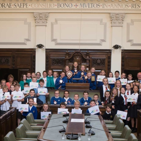 Members of the winning Riverside Primary School team are pictured, centre, with the other finalists and judges