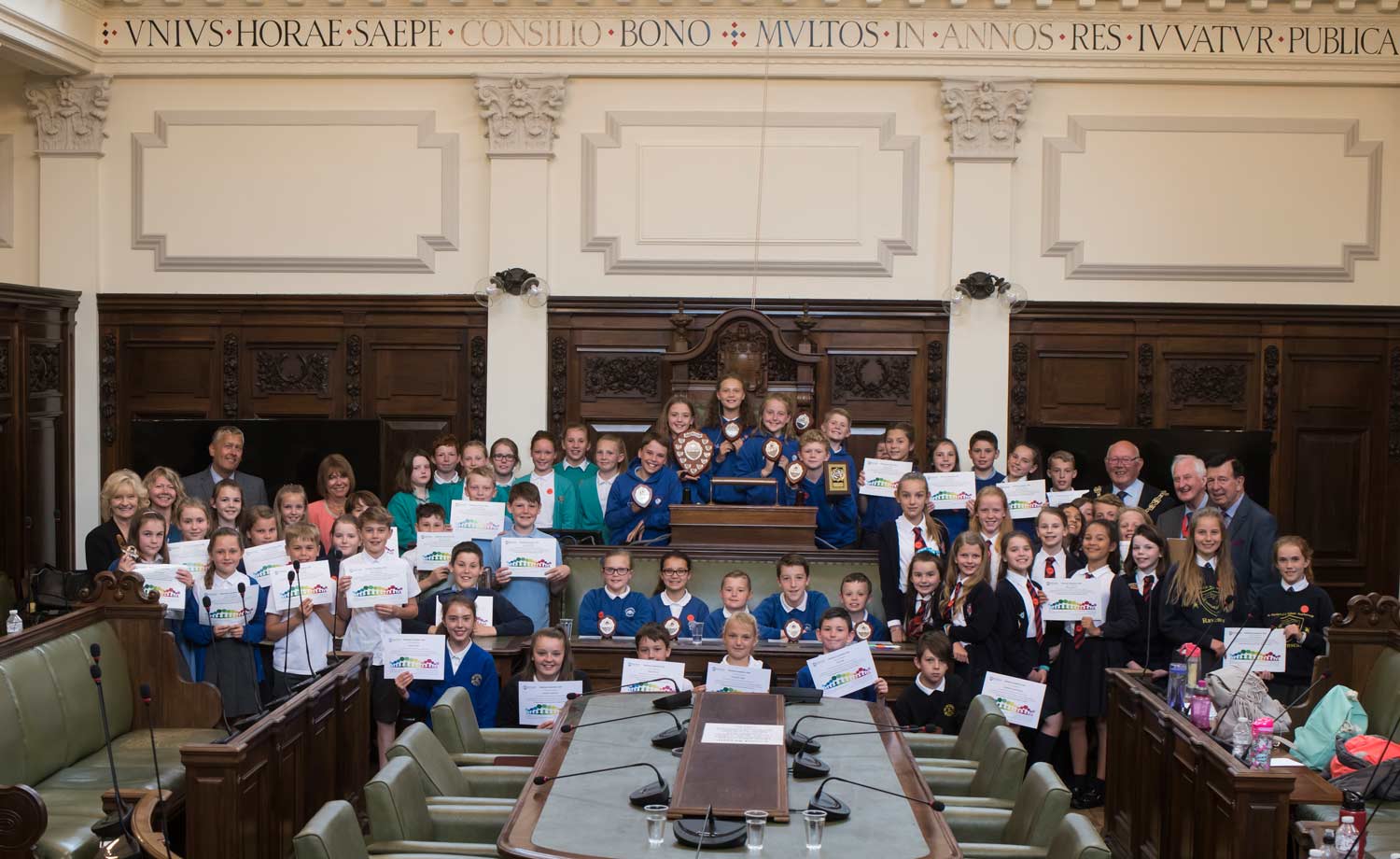 Members of the winning Riverside Primary School team are pictured, centre, with the other finalists and judges