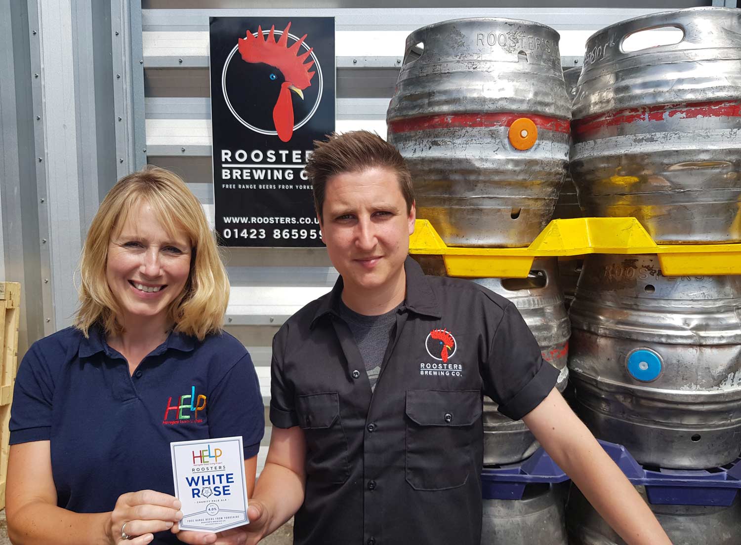 Anna Woollven, Project Development Worker at HELP with Tom Fozard, Commercial Manager at Roosters Brewing Co.