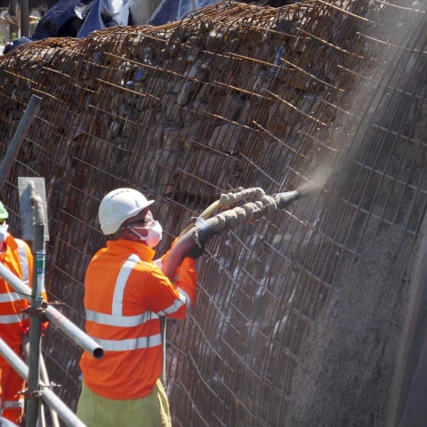 Contractors shotcreting the wall below the A59 at Kex Gill earlier this week