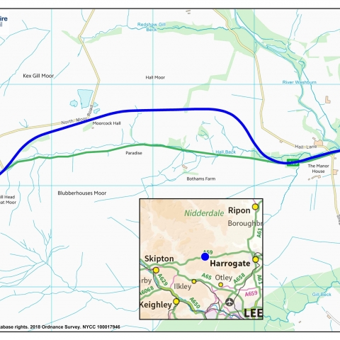 The map shows the proposed preferred route for the realignment of the A59 at Kex Gill