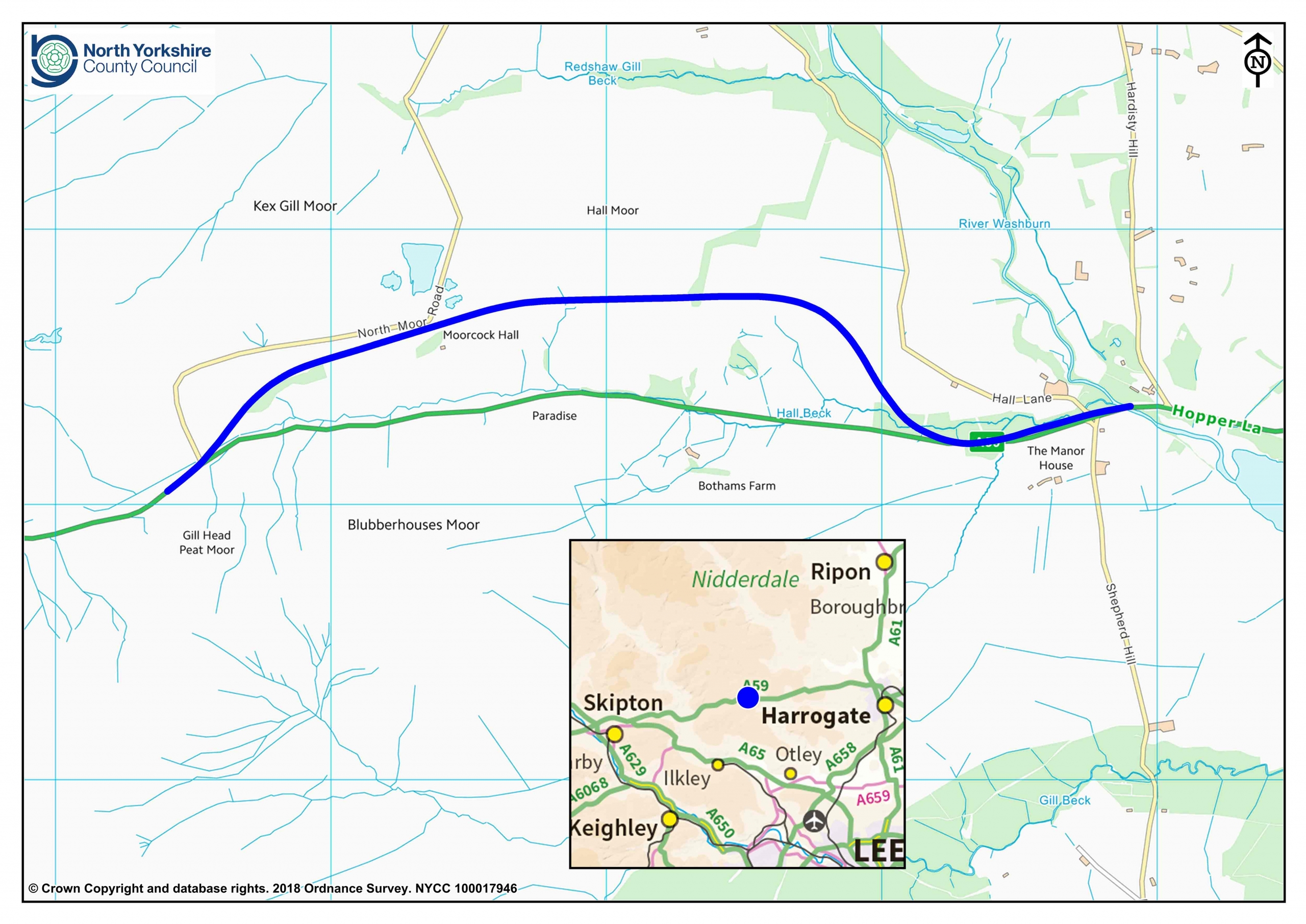 The map shows the proposed preferred route for the realignment of the A59 at Kex Gill