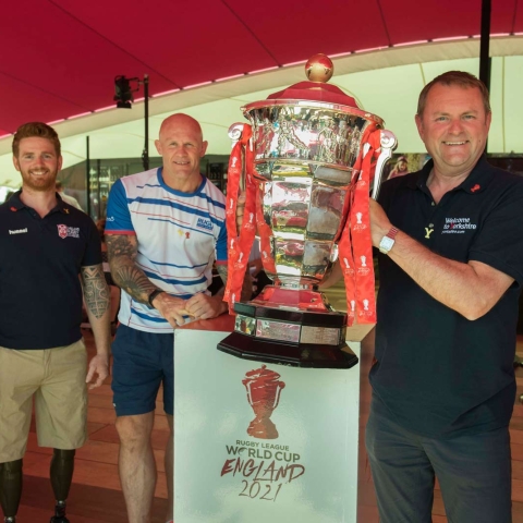 James Simpson, Keith Senior and Sir Gary Verity with the Rugby League World Cup trophy