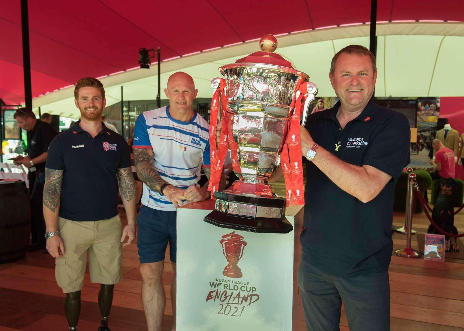 James Simpson, Keith Senior and Sir Gary Verity with the Rugby League World Cup trophy