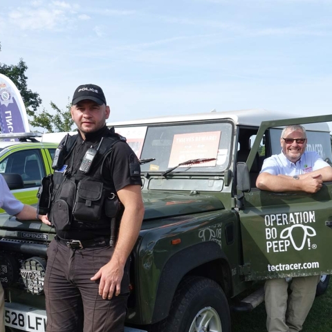 LandRover Defender! John Minary, second from right, is pictured in front of a TecTracer-protected Land Rover Defender with, from left, John Barr from TecTracer, PC Michael Carr from North Yorkshire Police’s Rural Task Force and Judith Skilbeck, North Yorkshire Police’s rural crimes co-ordinator