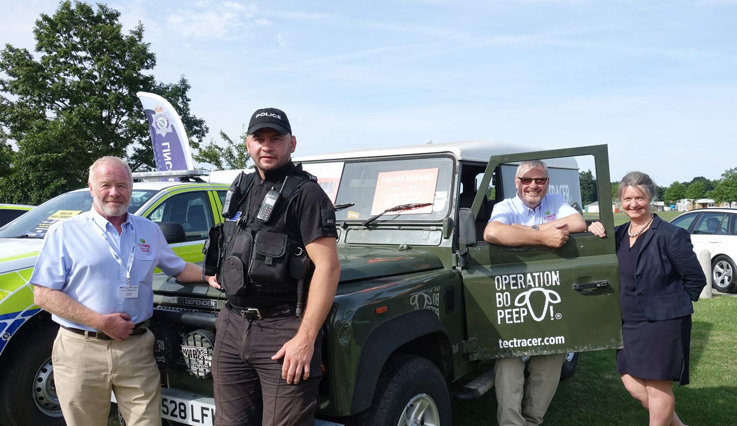 LandRover Defender! John Minary, second from right, is pictured in front of a TecTracer-protected Land Rover Defender with, from left, John Barr from TecTracer, PC Michael Carr from North Yorkshire Police’s Rural Task Force and Judith Skilbeck, North Yorkshire Police’s rural crimes co-ordinator