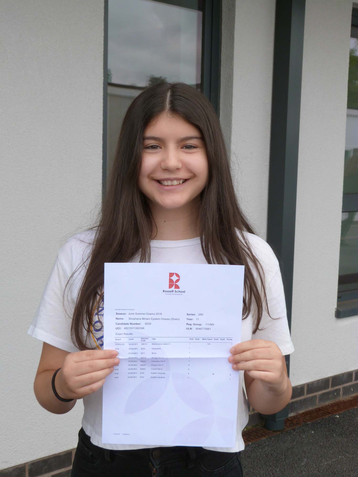 Shani Epstein-Graves achieved a 9, an 8, six 7s and a 6 and will start Sixth Form at Rossett in September