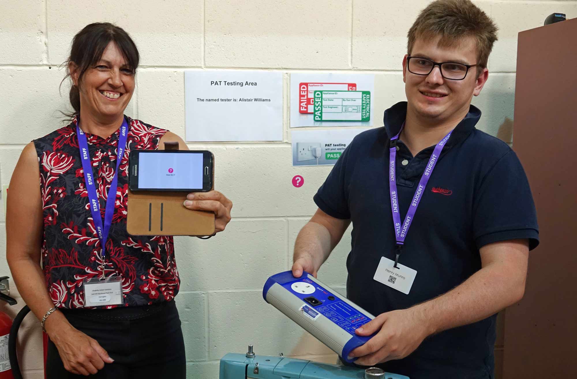 Now I Can! Disability Action Yorkshire Training Manager, Denise Baynton, and trainee Henry Munro with the assistive technology “How Do I?” app
