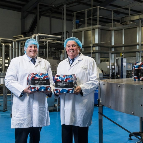 Pictured (L to R) are Harrogate Water Brands export and new business development manager, Greg Hatton, and Chamber International logistics adviser, Robin Finnis, in the production hall at Harrogate Water Brands