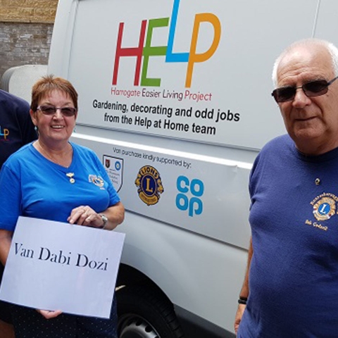 new HELP vehicle, named 'Van Dabi Dozi', which last year's Community Fund contributed to. In the photo are (L-R): HELP volunteer Brian and Knaresborough Lions Pam and Bob