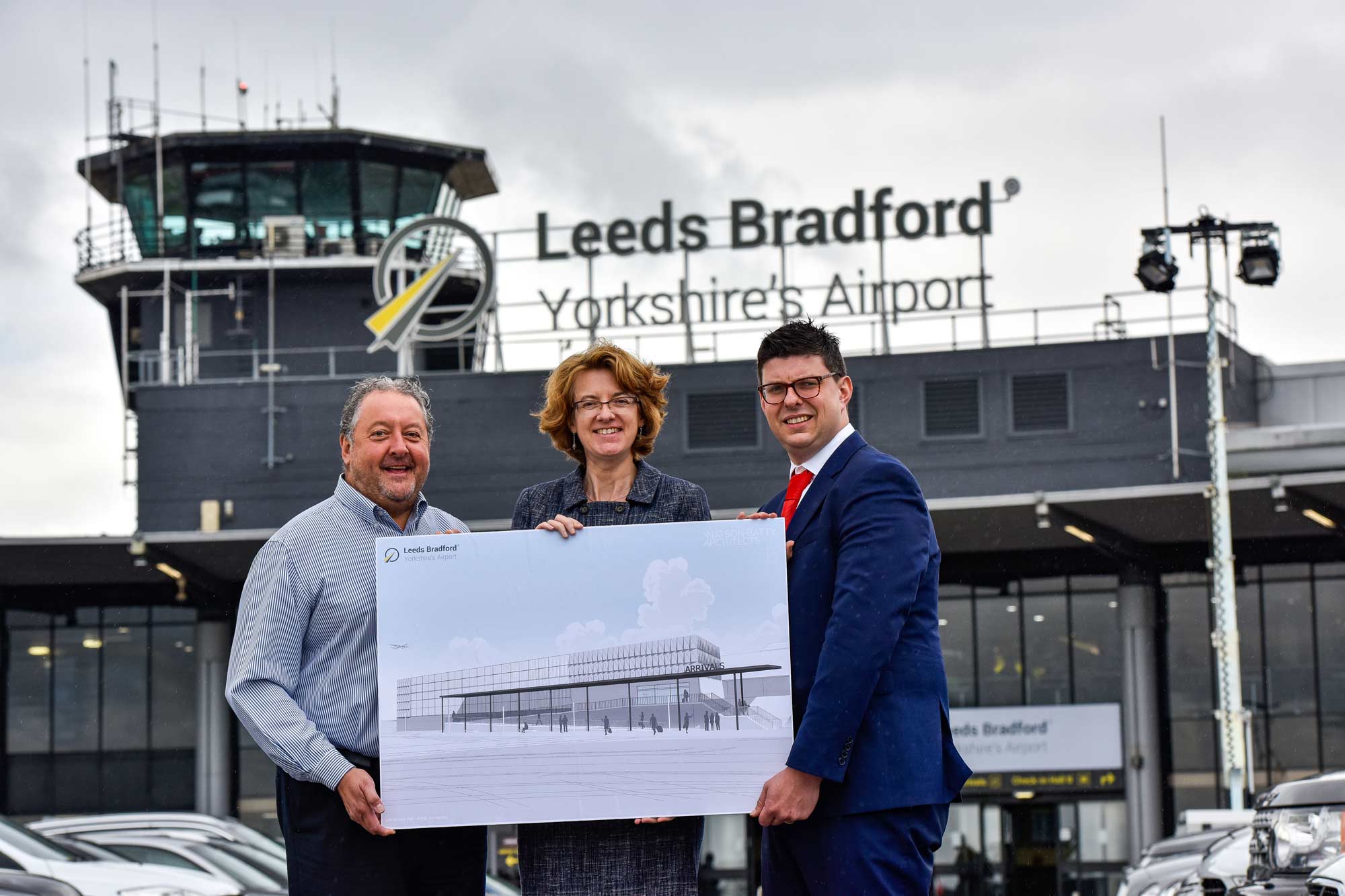 David Laws, CEO Leeds Bradford Airport with Cllr Susan Hinchcliffe, Chair of West Yorkshire Combined Authority and Henri Murison, Director of Northern Powerhouse Partnership