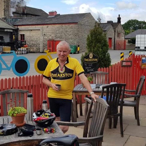 River Rider! Retired Major General Michael Charlton-Weedy, CBE DL, enjoys a pint of his favourite Theakston XB at the end of his two-day, 114-mile journey