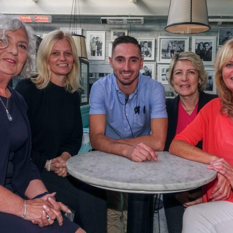 The Show Will Go On! Pictured from left are Jean Williams, fashion show co-organiser; Jayne Winn, owner of Sheer Bliss Lingerie; Davide Scioni from Gino D’Acampo’s; Christine Armstrong, cancer patient and fundraiser; and Julie Crossman, Lead Complementary Therapist at the Sir Robert Ogden Macmillan Centre and Strutting For Cancer Show co-organiser