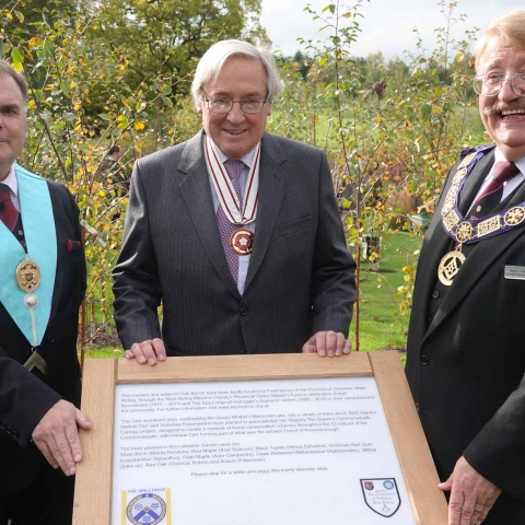 Stephen Brown, Worshipful Master of The Spa Lodge; Simon Mackaness, DL; and David S Pratt, the Provincial Grand Master of the Freemasons Province of Yorkshire West Riding
