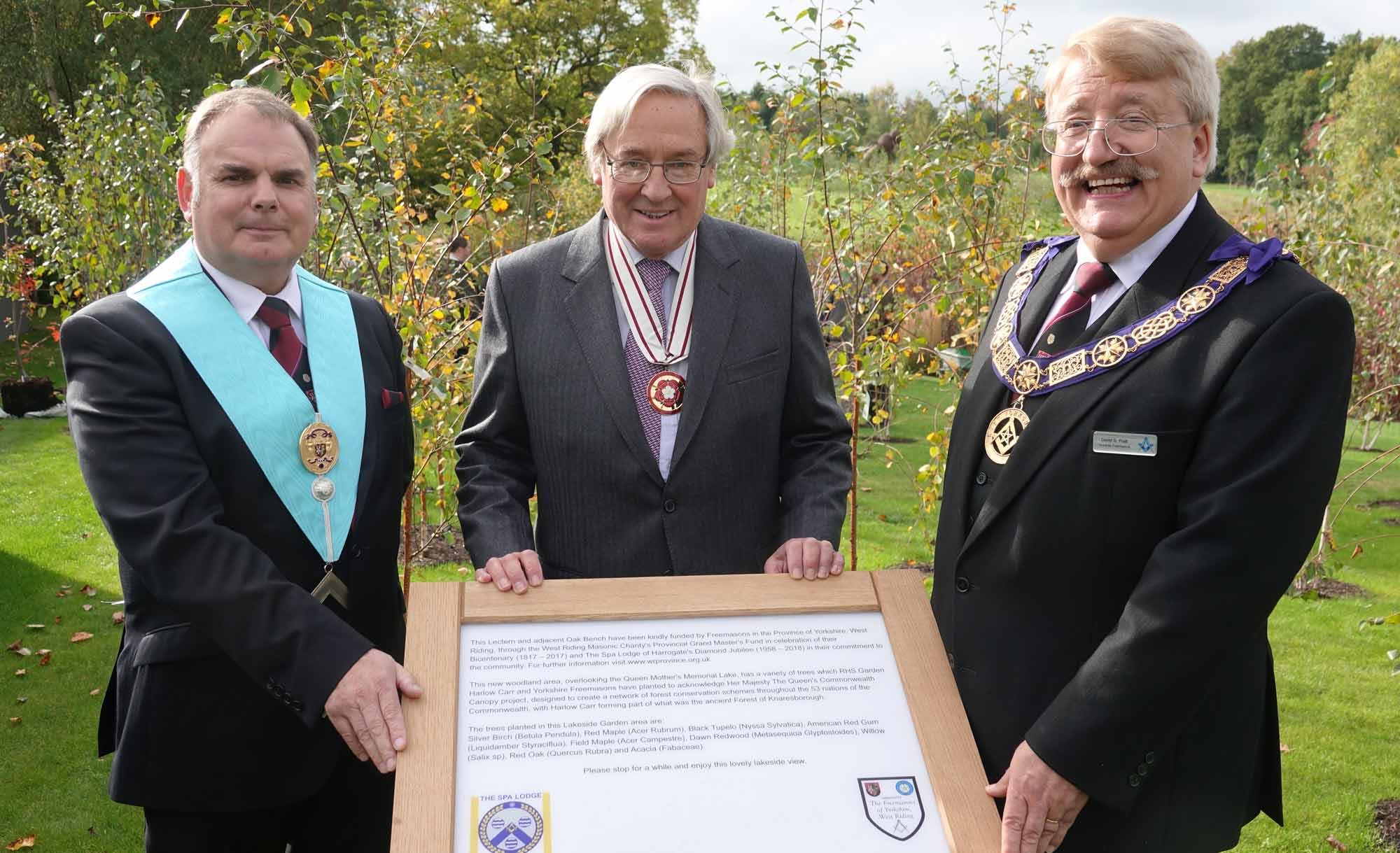 Stephen Brown, Worshipful Master of The Spa Lodge; Simon Mackaness, DL; and David S Pratt, the Provincial Grand Master of the Freemasons Province of Yorkshire West Riding