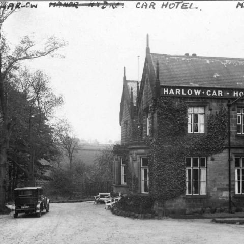 Victorian Health Spa: Drawn in 1857, this illustration shows Harlow Car’s springs (sic) in the time of Henry Wright, the original owner of the estate. The building on the left is the Bath House with the well head in the foreground. On the right is the Harlow Car Hotel