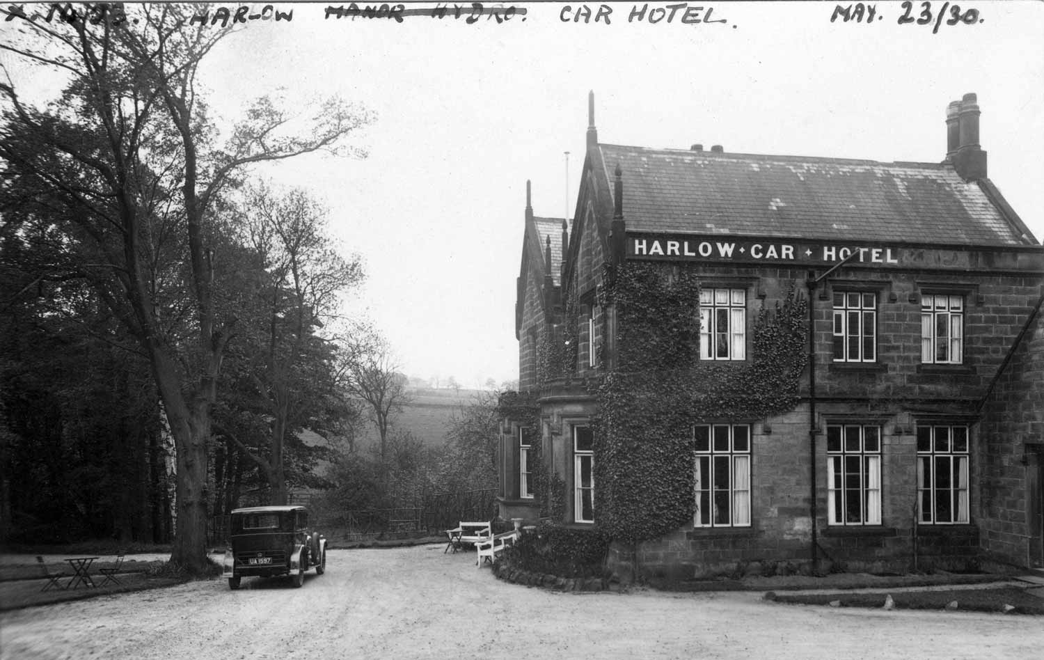 Victorian Health Spa: Drawn in 1857, this illustration shows Harlow Car’s springs (sic) in the time of Henry Wright, the original owner of the estate. The building on the left is the Bath House with the well head in the foreground. On the right is the Harlow Car Hotel