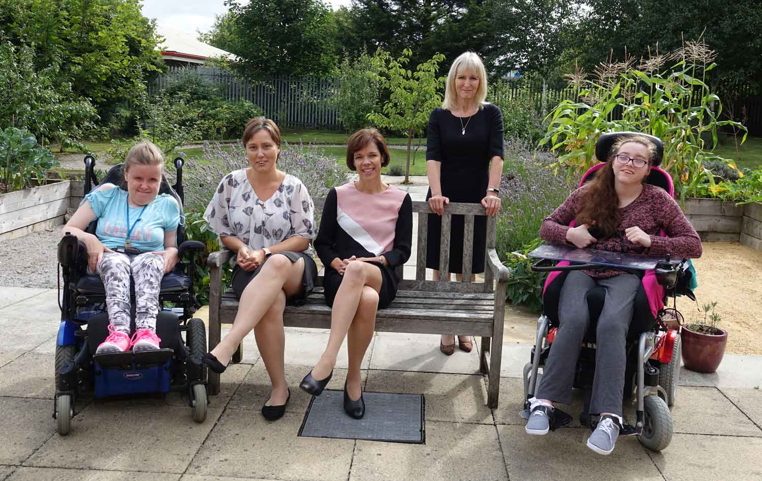 New Trustee! Sue Papworth, third from left, is pictured with, from left, Disability Action Yorkshire customer Lisa Scatchard, Karen Minteh, manager of the charity’s Claro Road residential home; Disability Action Yorkshire Chief Executive Jackie Snape and customer Kirsty Allenach