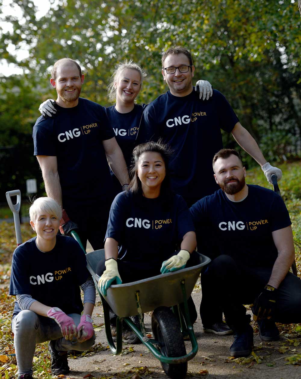 CNG volunteers in the sensory garden at Henshaws Arts & Crafts Centre Standing L – R: Tom Irwin, Gail Roman, Darren Wise Kneeling L – R: Sam Entwistle, Zoey Ng, Elliot Leworthy