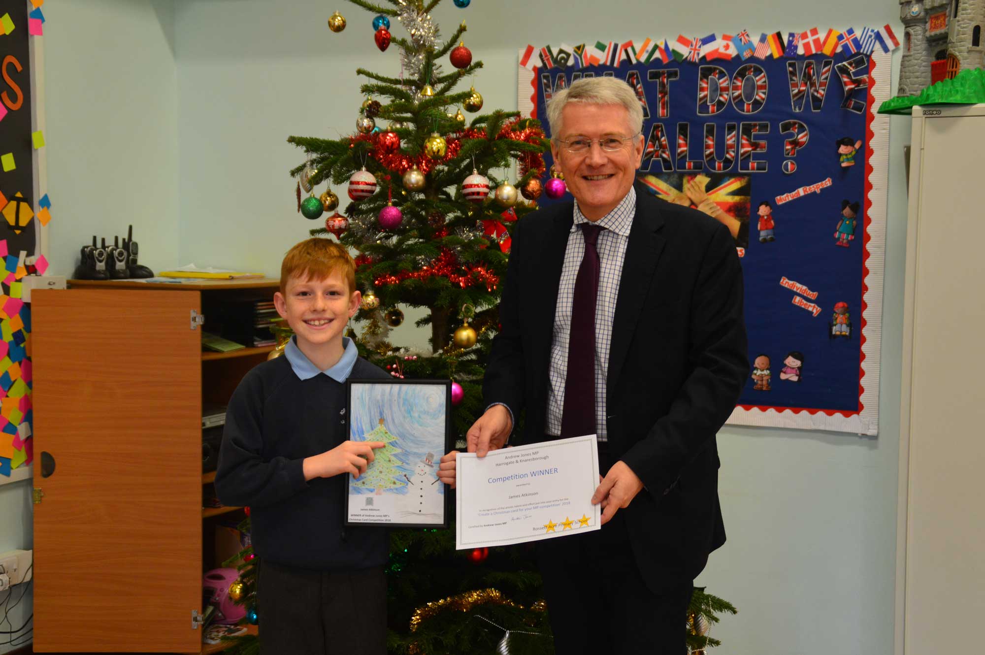 Harrogate and Knaresborough MP, Andrew Jones, will be using a design created by James Atkinson – a pupil at Rossett Acre Primary School in Harrogate – for his Christmas e-card