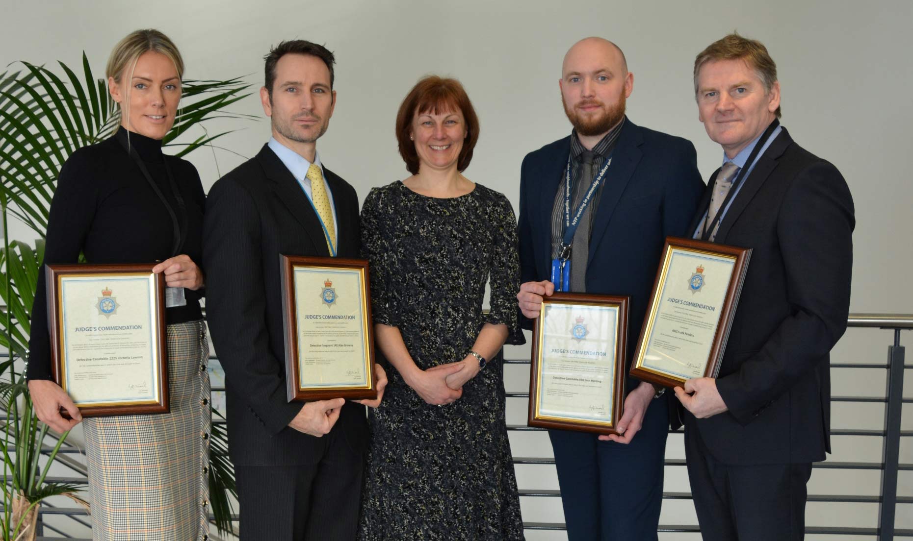 Detective Sergeant Alan Browne, Detective Constables Victoria Lawson and Sam Harding, and Police Staff Investigator, Frank Penders, were presented with their commendation by Chief Constable Lisa Winward at Harrogate police station on 15 January 2019