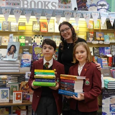 Brought to Book! Ashville pupils Isabella and Elliot with Imagined Things Bookshop proprietor, Georgia Duffy