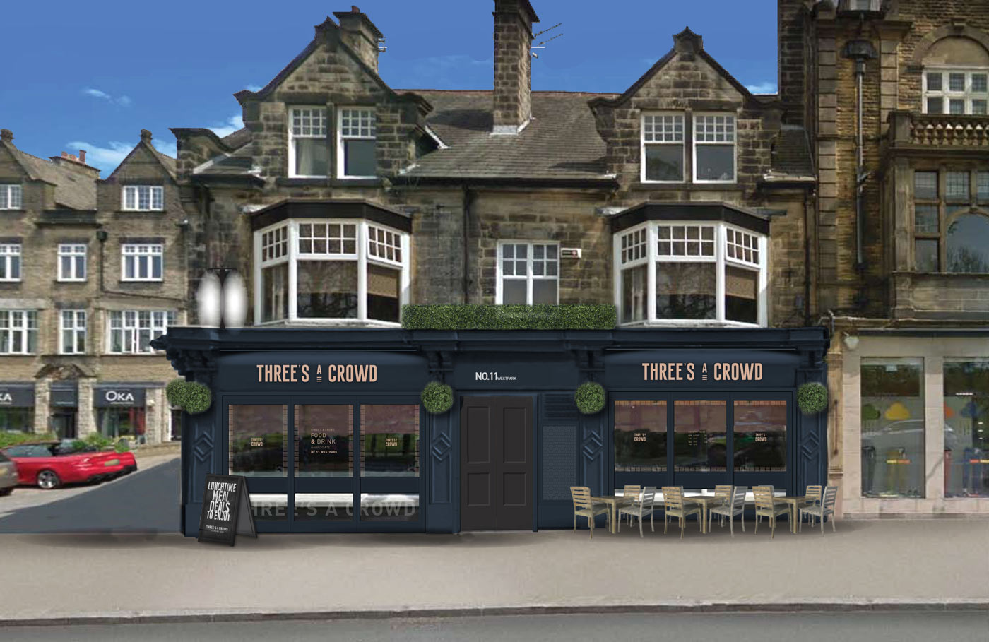 Harrogate artist's impression of what it will look like post the revamp. The pub is being renamed Three's A Crowd.
