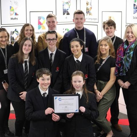 Associate assistant headteacher Sarah Daly, right, with students who met the assessor when he visited Rossett and told him of their experience of careers advice at school
