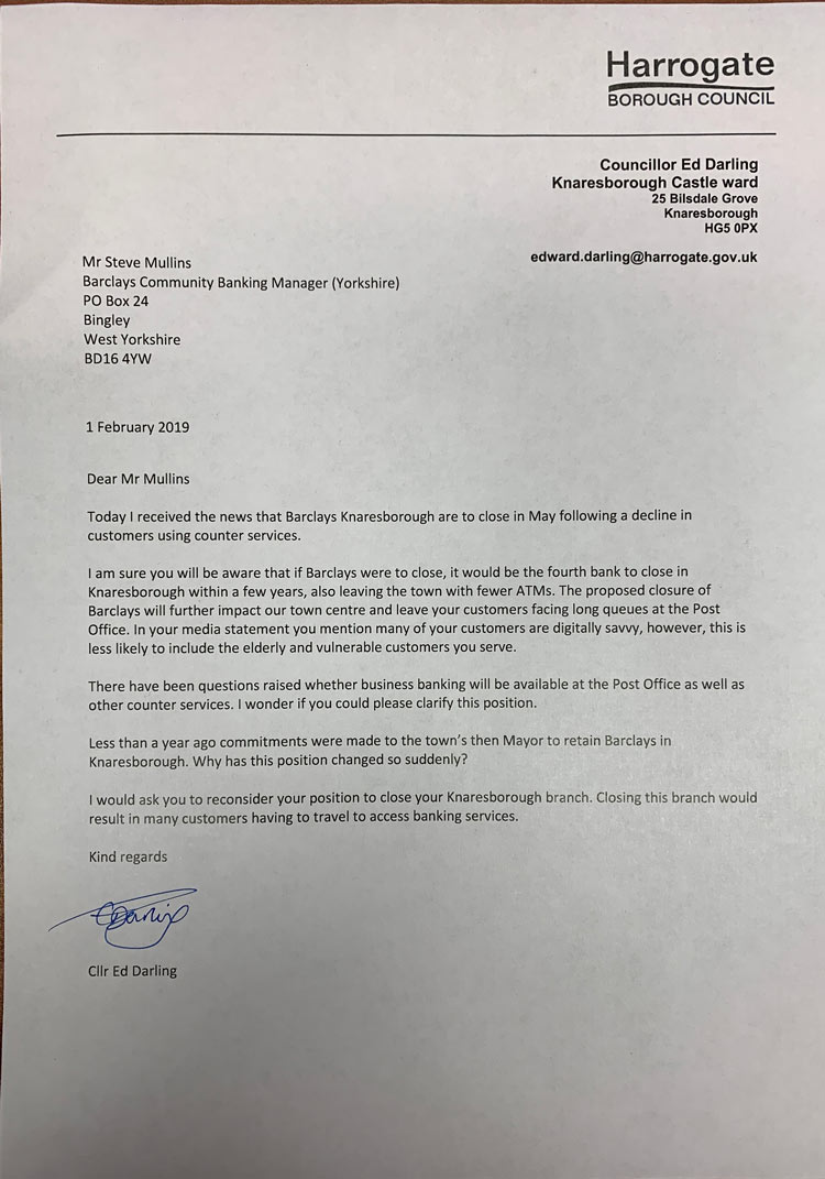 Local councillor Ed Darling letter to Barclays