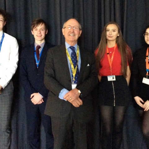 Sixth Form students (L-R) Ben Ralli, Joe Long, Jessie Biagioni and Erin Dagnall with Lord Best