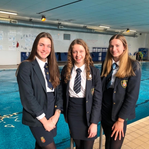 Swimming stars: (l-r) Anna, Christa and Imogen pictured beside the Ripon Grammar School swimming pool