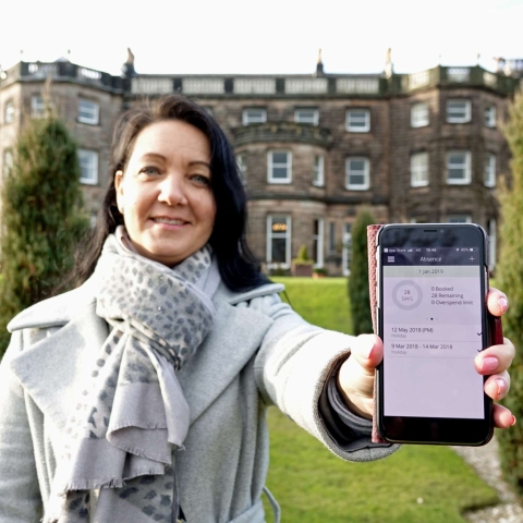 Clocking Off! Olga Wormald of NOW Consultancy outside Warner Leisure Hotel’s Nidd Hall, with the Rotaready app