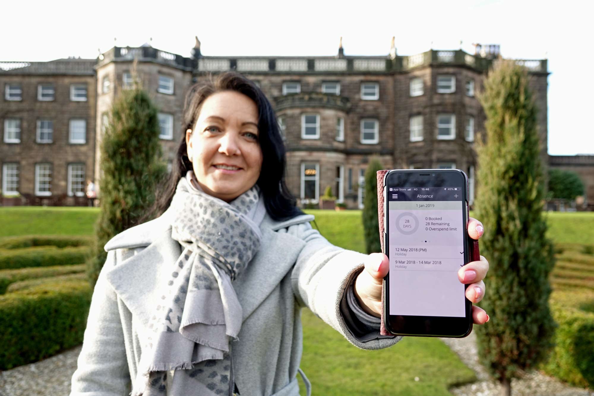 Clocking Off! Olga Wormald of NOW Consultancy outside Warner Leisure Hotel’s Nidd Hall, with the Rotaready app