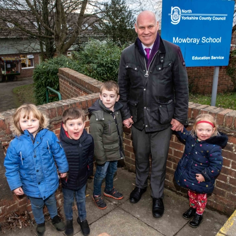 Jonathan Tearle, headteacher of Mowbray School with pupils